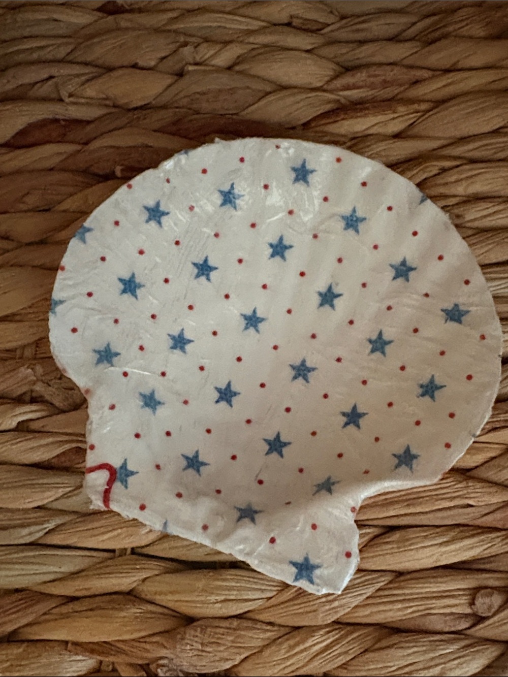 Hand Crafted White Shell Trinket Dish with Blue Stars and Red Accents